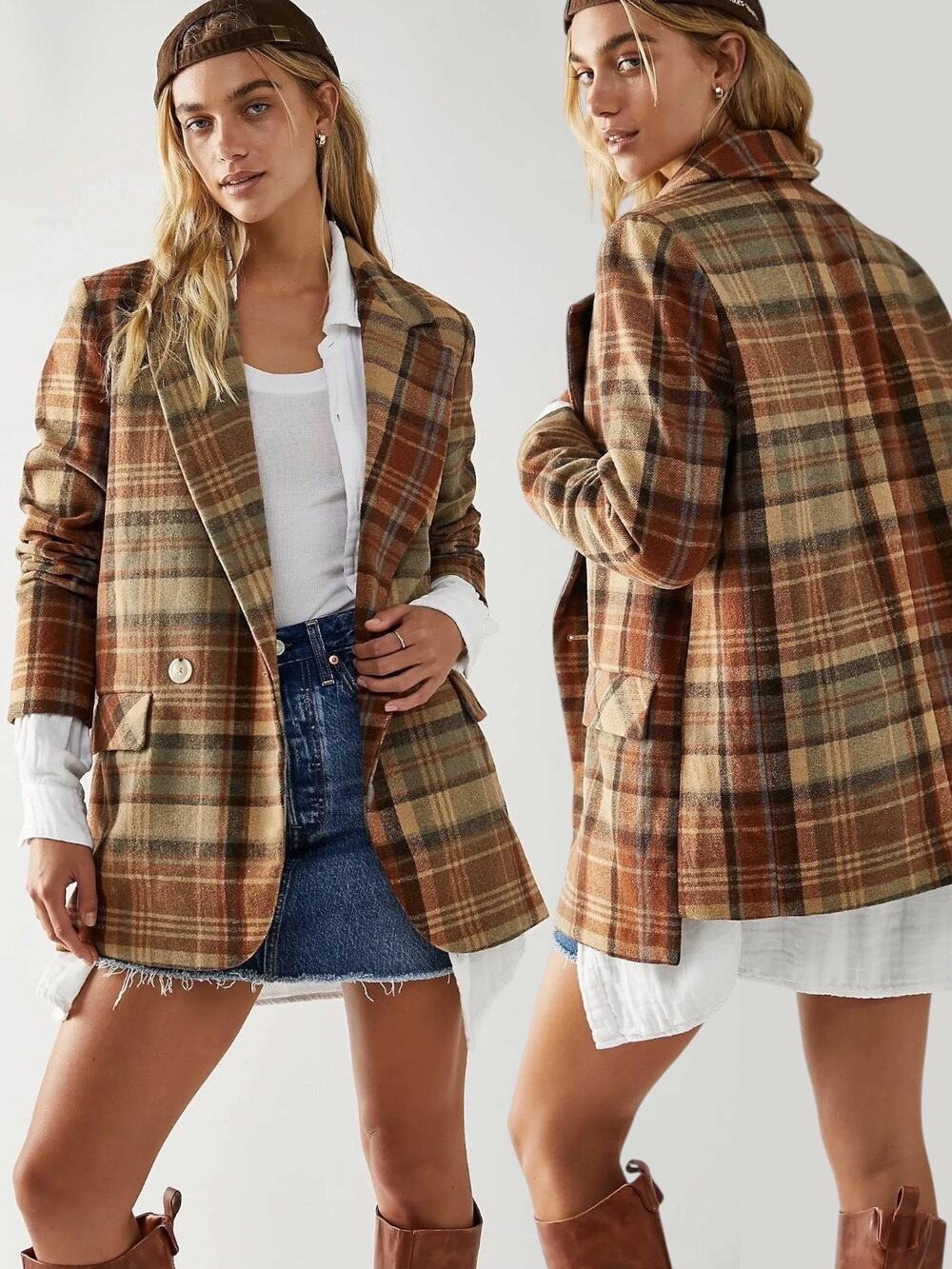 Free People Wool Mari Tartan Plaid Blazer Winter Wheat Small Dark Academia